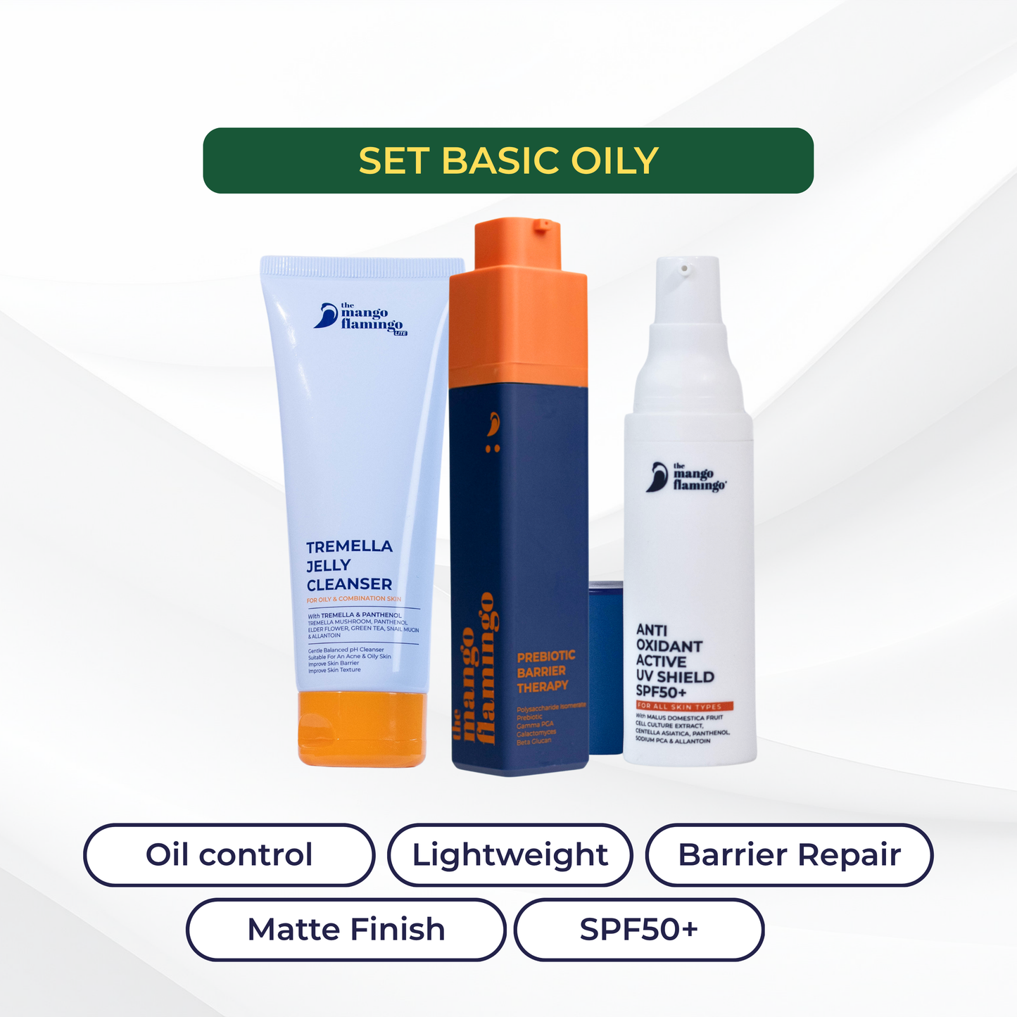 COMBO BASIC OILY - Tremella Jelly Cleanser + Prebiotic Barrier Therapy + Anti-Oxidant Active UV Shield SPF50+